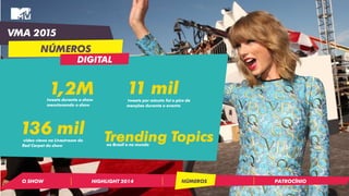 VMA 2015
NÚMEROS
O SHOW PATROCÍNIOHIGHLIGHT 2014 NÚMEROS
DIGITAL
1,2Mtweets durante o show
mencionando o show
136 milvideo views na Livestream do
Red Carpet do show
tweets por minuto foi o pico de
menções durante o evento
11 mil
Trending Topicsno Brasil e no mundo
 