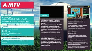 A MTV
+ 12.600.000
na Claro TV, NET, Oi TV, Sky e Vivo TV(1)
+ de 10MM de pessoas assistiram à MTV
desde seu lançamento em outubro/2013. (2)
CANAIS
NET – 88/121 ; HD 525/621
SKY - 86
Claro TV – 29
VIVO TV – 103/556; HD 319 (SP)
OI TV - 132
DISTRIBUIÇÃO:
POTENCIAL DE IMPACTO
Potencial de impactar mais de 40 milhões de
pessoas.
Estimativa Viacom com base em 3.2 pessoas/domicílio. Com base no IBGE
A MTV GANHA CADA VEZ MAIS
RELEVÂNCIA JUNTO AO PÚBLICO
JOVEM.
O canal teve um aumento de 175%
na média de audiência. Saltou 9
posições e hoje ocupa o10º lugar
no ranking entre o público de 18 a
24 anos.
Fonte: Ibope MW – Brasil 9 mercados / Target: Pay TV 18-24 anos – Universo :
3,146,300 / Período: Fevereiro (até dia 16) versus Janeiro 2014 – todos os dias –
06h00/26h00 / Ranking de canais pagos exceto infantis, de notícias, esportes e filmes.
# Tudo sobre os artistas favoritos
dos jovens sem chatice.
lançamentos de álbuns, bandas e
até aquela música que vai virar
hit; cobertura de shows e festivais
do pop ao underground, todos têm
espaço na MTV.
Televisão
A MTV MOVIMENTA AS REDES SOCIAIS COMO
NENHUM OUTRO CANAL DE PAY TV.
Em apenas três meses, teve alto nível de
engajamento na web.
De acordo com o estudo TV Social Brasileira - Retrospectiva 2013 TTV da Tuilux:
A MTV é a emissora de pay TV com maior destaque no
Twitter. No Facebook, ocupa a 3ª posição
5 dos 10 eventos da TV por assinatura com maior
destaque na rede são da MTV:
#1 EMA 2013
#2 Pré-show EMA 2013
#4 Especial EMA 2013
#6 Coletivation (01.10)
#8 Coletivation (21.10)
O EMA 2013 também emplaca o 2º lugar dentre os
programas de pay TV melhores avaliados na categoria
Premiações.
Dos 10 programas de pay TV mais comentados pelos
internautas nas redes sociais, dois são da MTV:
Coletivation e MTV EMA 2013.
A MTV ocupa a 3ª posição entre as emissoras de pay TV
que geraram maior repercussão nas redes sociais, com o
maior volume de posts relacionados.
Dentre os 10 programas de pay TV com maior impacto na
segunda tela, a MTV ocupa duas posições, com
Coletivation e MTV EMA 2013.
Televisão
 