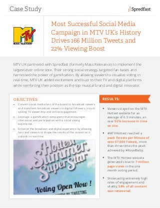 MTV UK partnered with Spredfast (formerly Mass Relevance) to implement the
largest-ever online vote. Their strong social strategy targeted fan bases and
harnessed the power of gamification. By allowing viewers to visualize voting in
real-time, MTV UK added excitement and buzz to their TV and digital platforms
while reinforcing their position as the top musical brand and digital innovator.
Most Successful Social Media
Campaign in MTV UK’s History
Drives 166 Million Tweets and
22% Viewing Boost
OBJECTIVES:
•	 Convert social media fans of the brand to broadcast viewers
and transform broadcast viewers to digital followers, in turn
spiking TV viewership and online engagement.
•	 Leverage a gamification component that encourages
interaction and participation with a social voting
experience.
•	 Enhance the broadcast and digital experience by allowing
fans and viewers to shape the results of the contest as it
unfolds in real-time.
	 Viewers stayed on the MTV
Hottest website for an
average of 6.5 minutes, an
over 50% increase in time
on site.
	 #MTVHottest reached a
peak Tweets per Minute of
over 57,000 Tweets, more
than three times the peak
achieved by #RoyalBaby.
	 The MTV Hottest website
generated close to 7 million
page views in the one
month voting period.
	 Showcasing extremely high
rates of engagement and
vitality, 58% of all content
was retweeted.
Case Study
RESULTS:
 