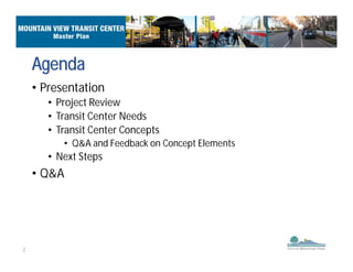 2
• Presentation
• Project Review
• Transit Center Needs
• Transit Center Concepts
• Q&A and Feedback on Concept Elements
• Next Steps
• Q&A
Agenda
 