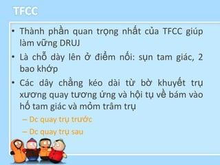 TFCC
• Thành phần quan trọng nhất của TFCC giúp
  làm vững DRUJ
• Là chỗ dày lên ở điểm nối: sụn tam giác, 2
  bao khớp
• Các dây chằng kéo dài từ bờ khuyết trụ
  xương quay tương ứng và hội tụ về bám vào
  hố tam giác và mỏm trâm trụ
  – Dc quay trụ trước
  – Dc quay trụ sau
 