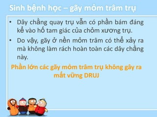 Sinh bệnh học – gãy mỏm trâm trụ
• Dây chằng quay trụ vẫn có phần bám đáng
   kể vào hố tam giác của chỏm xương trụ.
• Do vậy, gãy ở nền mỏm trâm có thể xảy ra
   mà không làm rách hoàn toàn các dây chằng
   này.
 Phần lớn các gãy mỏm trâm trụ không gây ra
               mất vững DRUJ
 