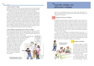 410 Capítulo 12 
5. Instrua seu filho e o amigo 
Quando seu filho começar a brincar com outra criança, fique com eles para dar apoio 
para os dois: seu filho e o amigo. A quantidade de apoio que você precisará dar depende 
das habilidades do seu filho e do colega de conduzir suas próprias brincadeiras. 
Dê ao parceiro de brincadeiras uma explicação básica de como seu filho brinca e se 
comunica e como ele pode ajudar. Lembre-se de que o companheiro de brincadeira não 
é um pai ou professor, então as explicações devem ser sempre muito simples. Por exem-plo, 
“O Rafael tem dificuldade para entender e falar. Você pode ajudá-lo se usar palavras 
simples e mostrar para ele o que fazer. Às vezes pode parecer que ele não quer brincar, 
mas continue tentando”, ou “Quando você quiser balançar, conte para o Rafael e pegue 
a mão dele”. Dê exemplos de palavras e sentenças que possam ser difíceis para seu filho 
entender e as que são mais fáceis. Por exemplo, “Rafael não vai entender se você disser 
‘Estes carros precisam ir para a garagem’, mas ele vai entender se você disser ‘Ponha os 
carros na garagem’”. Demonstre as Brincadeiras com Gente, canções e rotinas de brincar 
que você e seu filho já fizeram várias vezes. Explique as palavras e ações que você usa e 
o que o companheiro de brincadeira pode esperar que seu filho faça. 
6. Tente equilibrar as participações entre seu filho e seu amigo 
Espere que seu filho participe do mesmo jeito que seu amigo. Por exemplo, se você ofe-rece 
ao amigo alguma coisa para comer e ele responder dizendo o nome da comida, faça 
a mesma pergunta para seu filho e incentive-o a responder da melhor maneira que ele 
puder, mesmo que seja somente estendendo a mão. 
No entanto não se concentre só em conseguir que seu filho faça 
ou diga coisas. Esperando que seu companheiro de brincadei-ra 
participe igualmente, seu filho tem um modelo do 
mesmo nível, que pode ser mais motivador que 
o modelo de um adulto. Se houver palavras 
específicas que você espera que seu filho 
use durante as brincadeiras, explique 
ao companheiro de brincadeira que 
ele também tem que usar estas mes-mas 
palavras: “Neste jogo as regras 
são que cada um tem que dizer que 
é a sua vez antes de participar. Você 
diz, ‘É a vez da Sara’, e a Sara diz ‘É 
a vez do César’”. 
A mãe dá algumas dicas ao irmão do 
que dizer quando brincar com César. 
Além das seis recomendações anteriores, fazer amigos exige, dependendo do es-tágio 
de comunicação de seu filho, diferentes tipos de incentivo de sua parte e do 
companheiro de brincadeira. 
O Estágio de Interesses Próprios 
No Estágio de Interesses Próprios, seu filho brinca sozinho e parece não tomar co-nhecimento 
das outras crianças. Para ajudá-lo a perceber as outras crianças, leve-o 
a parquinhos ou parques, coloque-o onde ele possa observar outras crianças sem se 
sentir pressionado a brincar com elas. Balanças, especialmente as balanças de pneu, 
gangorras, carros, camas elásticas e aparelhos para escalar, colocam seu filho em 
proximidade imediata de outras crianças. Mostre as outras crianças: “Olhe, o Mau-ro 
está balançando”. Você pode até mesmo pensar em restaurantes para crianças e 
lojas que têm áreas para brincar. Deixe seu filho entrar na banheira de bolinhas e 
trombar com outras crianças. 
Comece com um companheiro de brincadeira conhecido e mais velho – o ir-mão 
mais velho ou irmã – se ele tiver – ou um primo ou vizinho. Demonstre para o 
companheiro de brincadeira uma Brincadeira com Gente que você já tenha brincado 
diversas vezes com seu filho. Mostre ao companheiro de brincadeira como ele pode 
atrair a atenção de seu filho, chamando-o pelo nome, dando lhe batidinhas, ficando 
frente a frente com ele e deixando-o animado com a brincadeira. 
O Estágio de Pedidos 
A criança no Estágio de Pedidos 
tem consciência das outras crianças 
e as observa, porém não brinca com 
elas. Pode ser que seu filho chegue 
perto das crianças para ver o que 
elas estão fazendo. A próxima etapa 
dele é aprender como brincar lado a 
lado com outras crianças. 
Faça muitas visitas a lugares 
com grande concentração de crian-ças 
– um playground ou parque, cen-tros 
de lazer ocasionais – onde seu 
7b[iiWdZhe"WbW 
ÇFhedje57j[d‚€e0 
kcZe_ijh…i 
[$$$È[[if[h[e 
9ƒiWhZ_p[hÇ`|È$ 
Fazendo amigos nos 
diferentes estágios 
Estéfano quer participar, 
mas não sabe como. 
 