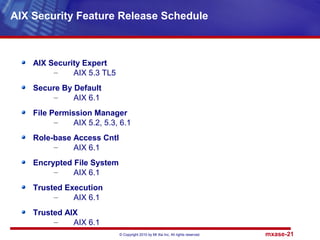 © Copyright 2010 by Mt Xia Inc, All rights reserved. mxase-21
AIX Security Expert
– AIX 5.3 TL5
Secure By Default
– AIX 6.1
File Permission Manager
– AIX 5.2, 5.3, 6.1
Role-base Access Cntl
– AIX 6.1
Encrypted File System
– AIX 6.1
Trusted Execution
– AIX 6.1
Trusted AIX
– AIX 6.1
AIX Security Feature Release Schedule
 