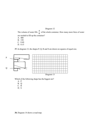 Diagram 12
The volume of water fills
8
5
of the whole container. How many more litres of water
are needed to fill up the container?
A. 400
B. 150
C. 0.40
D. 0.15
37. In diagram 13, the shapes P, Q, R and S are drawn on squares of equal size.
Diagram 13
Which of the following shape has the biggest are?
A. P
B. Q
C. R
D. S
38. Diagram 14 shows a road map.
P
Q
R
S
 