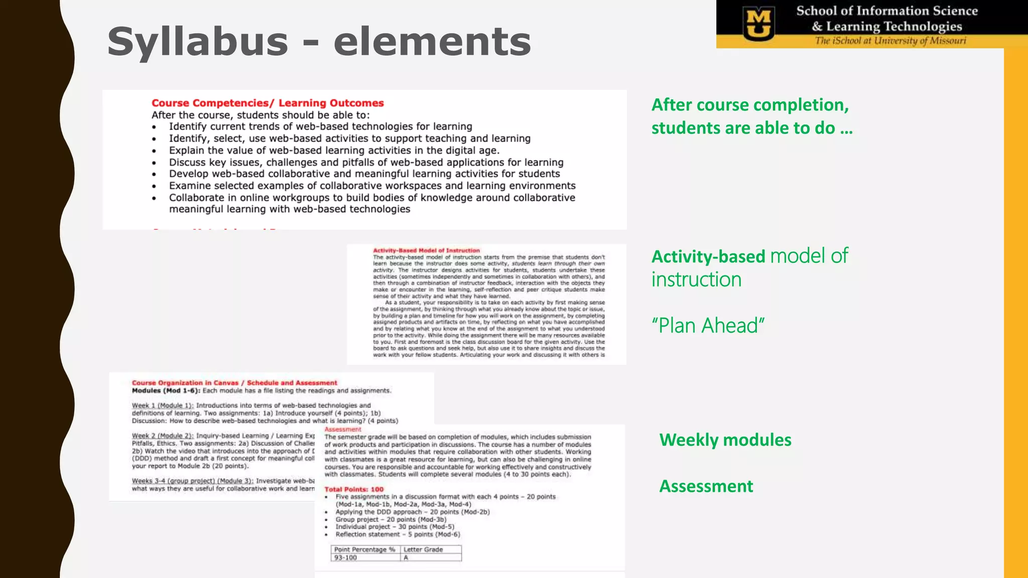 Activity-based model of
instruction
“Plan Ahead”
After course completion,
students are able to do …
Weekly modules
Assessment
Syllabus - elements
 