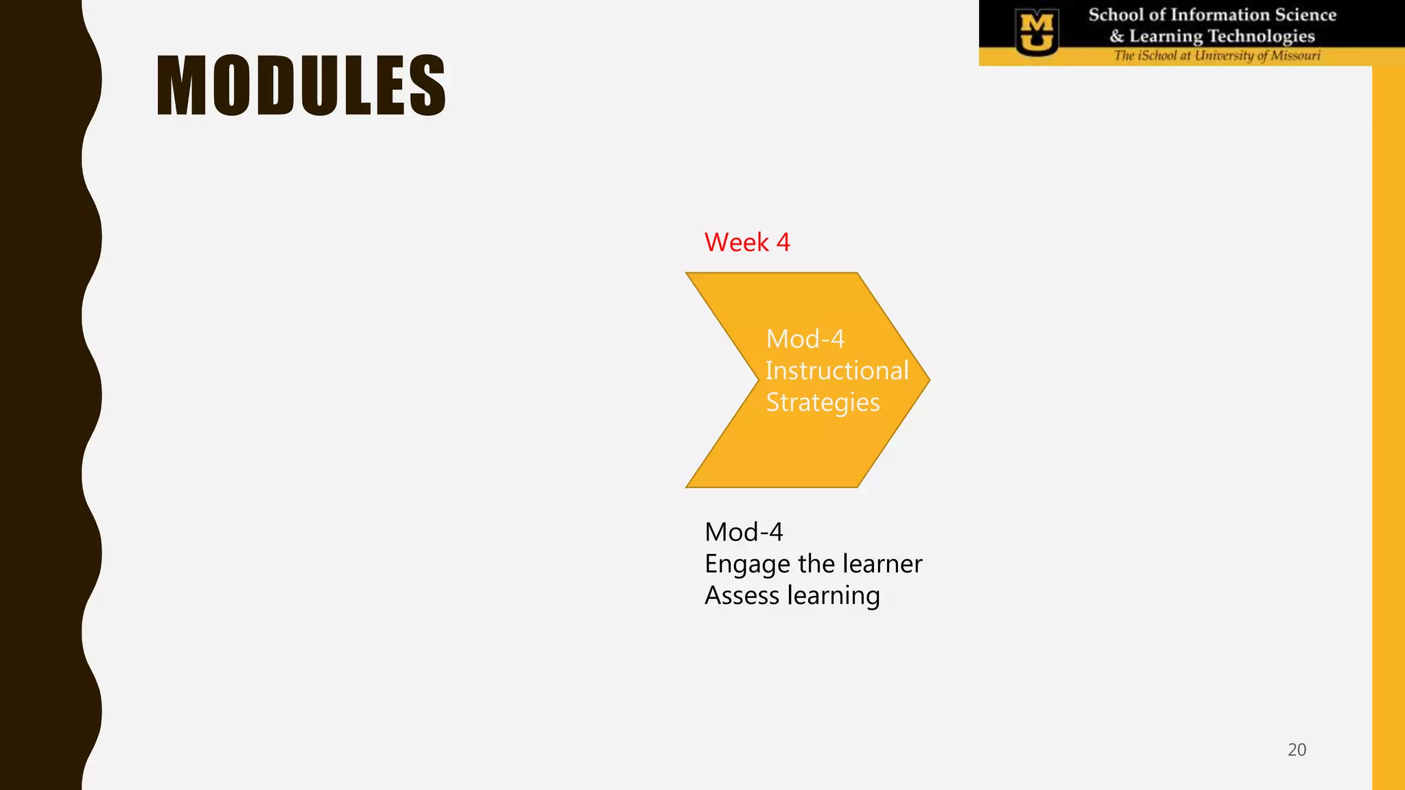 MODULES
Mod-4
Engage the learner
Assess learning
Week 4
Mod-2
Your first
ideas
Mod-3
Team work
(2 weeks)
Mod-4
Instructional
Strategies
20
 