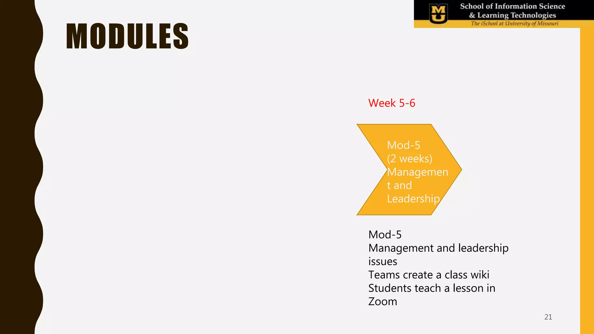 Mod-5
Management and leadership
issues
Teams create a class wiki
Students teach a lesson in
Zoom
Week 5-6
Mod-2
Your first
ideas
Mod-3
Team work
(2 weeks)
Mod-4
Design for
learning
Mod-5
(2 weeks)
Managemen
t and
Leadership
MODULES
21
 