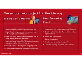 We support your project in a flexible way
Fixed fee turnkey
Project
Remote Time & Material
• Right profile allocated to the designated task
• Supervised by experienced management team
with in depth technical background
• Offer flexibility in resource management with a
large pool of educated engineers
• Proximity, large bandwidth VPN, same time zone
ease cooperation with headquarters
• Easy integration within Agile managed project
• Capability to set remote dedicated organisation
• For complete software or device development
• Or drivers, interface development or security
implementation
• Include test & validation
• No risk for customer
• Timeline and budget under control
• Complete visibility of project management
Classification : Public 7
 