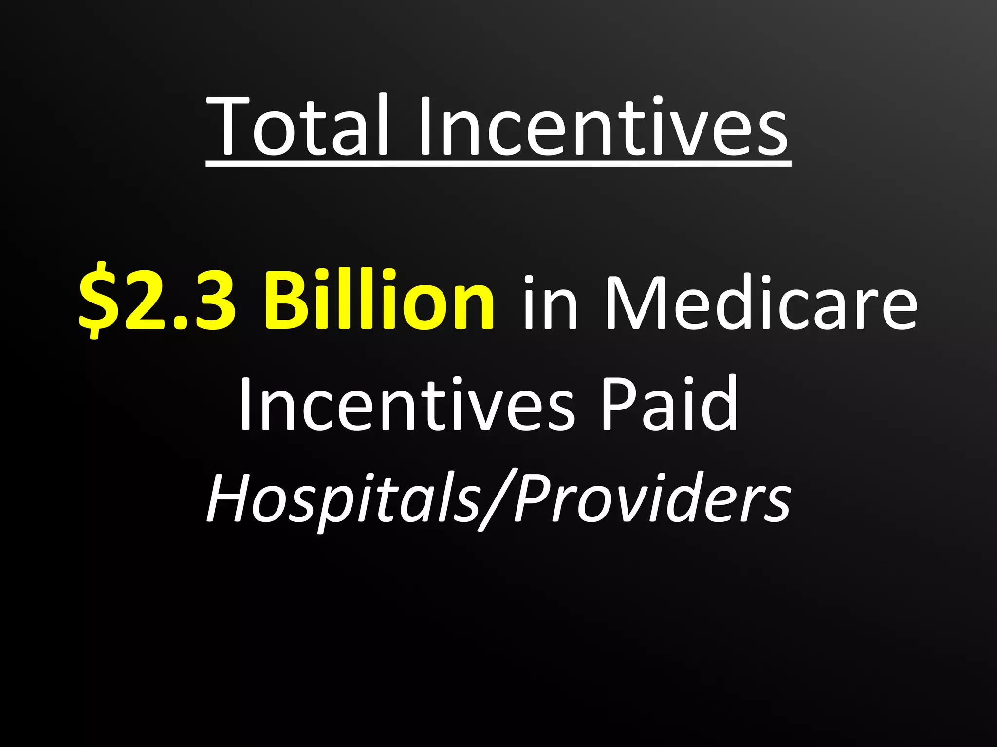 Total Incentives
$2.3 Billion in Medicare
    Incentives Paid
   Hospitals/Providers
 