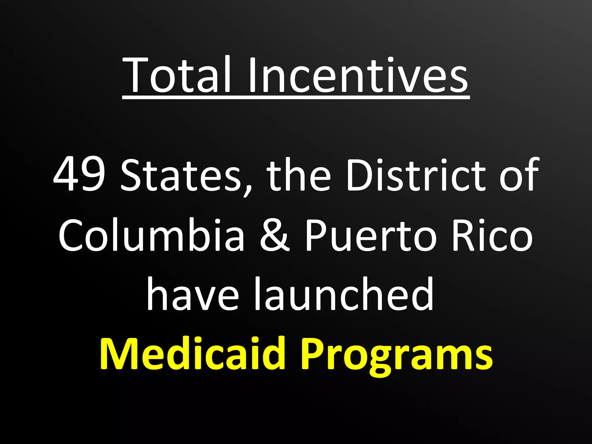 Total Incentives
49 States, the District of
Columbia & Puerto Rico
    have launched
  Medicaid Programs
 