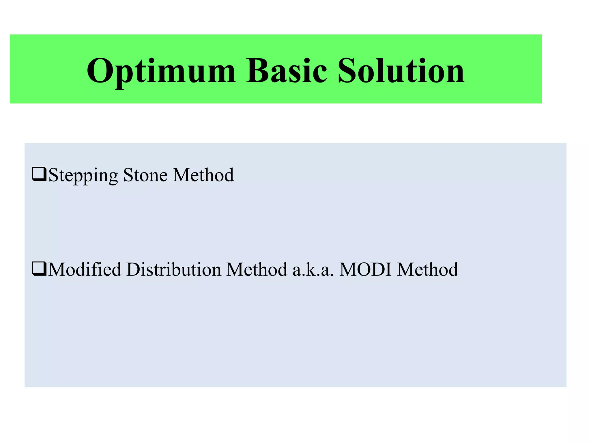 Optimum Basic Solution

Stepping Stone Method



Modified Distribution Method a.k.a. MODI Method
 