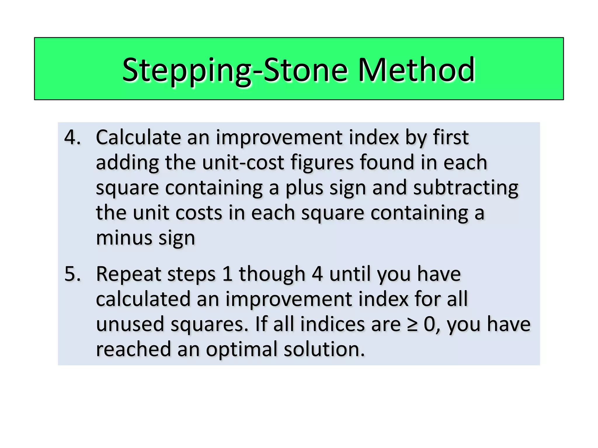 Stepping-Stone Method
4. Calculate an improvement index by first
   adding the unit-cost figures found in each
   square containing a plus sign and subtracting
   the unit costs in each square containing a
   minus sign
5. Repeat steps 1 though 4 until you have
   calculated an improvement index for all
   unused squares. If all indices are ≥ 0, you have
   reached an optimal solution.
 