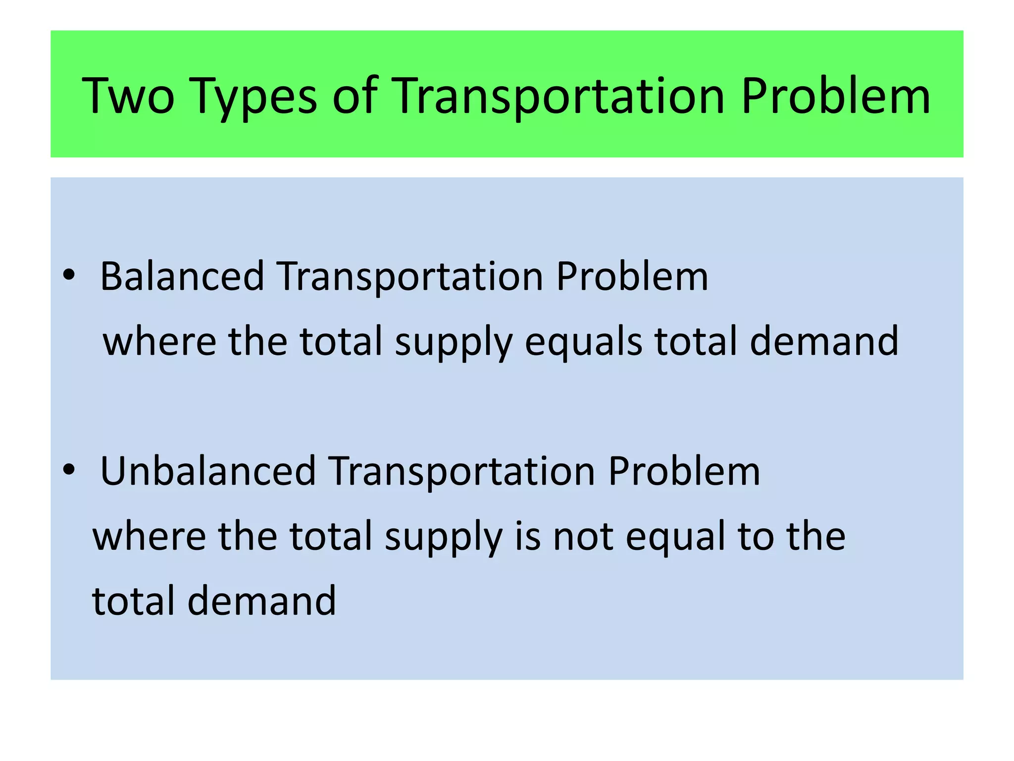 Two Types of Transportation Problem


• Balanced Transportation Problem
  where the total supply equals total demand

• Unbalanced Transportation Problem
  where the total supply is not equal to the
  total demand
 