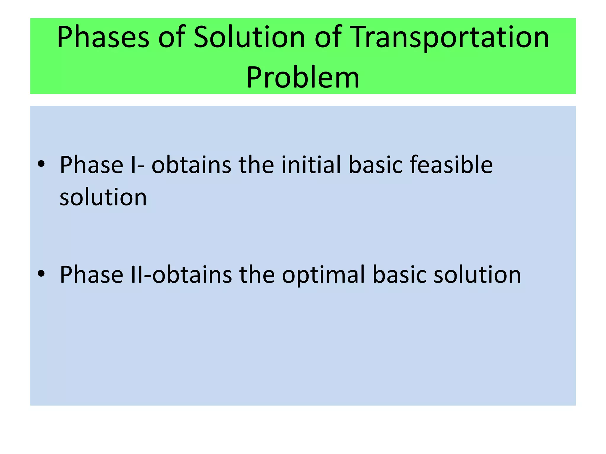 Phases of Solution of Transportation
               Problem

• Phase I- obtains the initial basic feasible
  solution

• Phase II-obtains the optimal basic solution
 