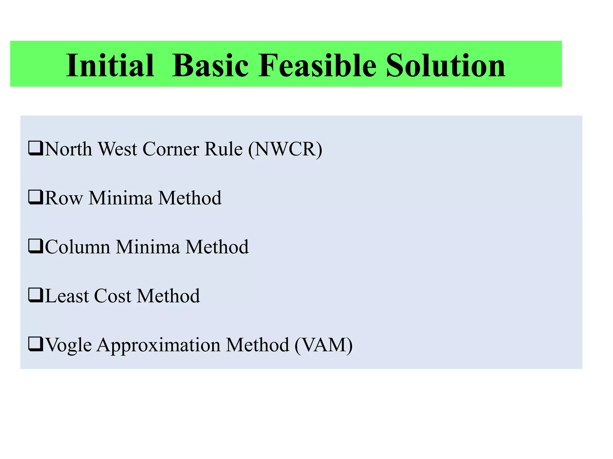 Initial Basic Feasible Solution

North West Corner Rule (NWCR)

Row Minima Method

Column Minima Method

Least Cost Method

Vogle Approximation Method (VAM)
 