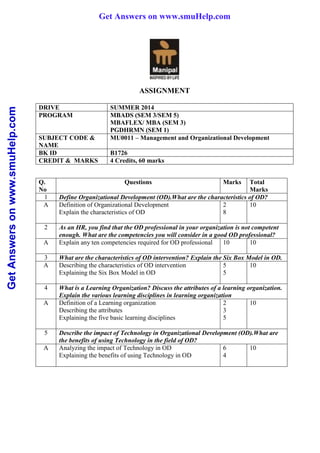 GetAnswersonwww.smuHelp.com
ASSIGNMENT
DRIVE SUMMER 2014
PROGRAM MBADS (SEM 3/SEM 5)
MBAFLEX/ MBA (SEM 3)
PGDHRMN (SEM 1)
SUBJECT CODE &
NAME
MU0011 – Management and Organizational Development
BK ID B1726
CREDIT & MARKS 4 Credits, 60 marks
Q.
No
Questions Marks Total
Marks
1 Define Organizational Development (OD).What are the characteristics of OD?
A Definition of Organizational Development
Explain the characteristics of OD
2
8
10
2 As an HR, you find that the OD professional in your organization is not competent
enough. What are the competencies you will consider in a good OD professional?
A Explain any ten competencies required for OD professional 10 10
3 What are the characteristics of OD intervention? Explain the Six Box Model in OD.
A Describing the characteristics of OD intervention
Explaining the Six Box Model in OD
5
5
10
4 What is a Learning Organization? Discuss the attributes of a learning organization.
Explain the various learning disciplines in learning organization
A Definition of a Learning organization
Describing the attributes
Explaining the five basic learning disciplines
2
3
5
10
5 Describe the impact of Technology in Organizational Development (OD).What are
the benefits of using Technology in the field of OD?
A Analyzing the impact of Technology in OD
Explaining the benefits of using Technology in OD
6
4
10
Get Answers on www.smuHelp.com
 