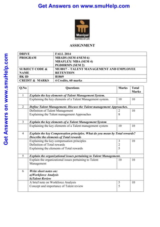 Get Answers on www.smuHelp.com 
Get Answers on www.smuHelp.com 
ASSIGNMENT 
DRIVE FALL 2014 
PROGRAM MBADS (SEM 4/SEM 6) 
MBAFLEX/ MBA (SEM 4) 
PGDHRMN (SEM 2) 
SUBJECT CODE & 
NAME 
MU0017 – TALENT MANAGEMENT AND EMPLOYEE 
RETENTION 
BK ID B1869 
CREDIT & MARKS 4 Credits, 60 marks 
Q.No Questions Marks Total 
Marks 
1 Explain the key elements of Talent Management System. 
Explaining the key elements of a Talent Management system. 
10 
10 
2 Define Talent Management. Discuss the Talent management Approaches. 
Definition of Talent Management 
Explaining the Talent management Approaches 
2 
8 
10 
3 Explain the key elements of a Talent Management System 
Explaining the key elements of a Talent management system 
10 10 
4 Explain the key Compensation principles. What do you mean by Total rewards? 
Describe the elements of Total rewards 
Explaining the key compensation principles 
Definition of Total rewards 
Explaining the elements of Total rewards 
3 
2 
5 
10 
5 Explain the organizational issues pertaining to Talent Management. 
Explain the organizational issues pertaining to Talent 
Management 
10 
10 
6 Write short notes on: 
a)Workforce Analysis 
b)Talent Review 
A brief note on Workforce Analysis 
Concept and importance of Talent review 
5 
5 
10 
 