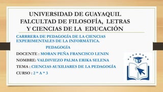 UNIVERSIDAD DE GUAYAQUIL
FALCULTAD DE FILOSOFÍA, LETRAS
Y CIENCIAS DE LA EDUCACIÓN
CARRRERA DE PEDAGOGÍA DE LA CIENCIAS
EXPERIMENTALES DE LA INFORMÁTICA.
PEDAGOGÍA
DOCENTE : MORAN PEÑA FRANCISCO LENIN
NOMBRE: VALDIVIEZO PALMA ERIKA SELENA
TEMA : CIENCIAS AUXILIARES DE LA PEDAGOGÍA
CURSO : 2 “ A “ 3
 