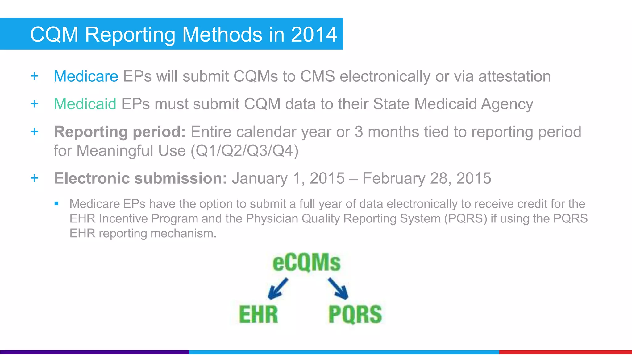 CQM Reporting Methods in 2014 
+ Medicare EPs will submit CQMs to CMS electronically or via attestation 
+ Medicaid EPs must submit CQM data to their State Medicaid Agency 
+ Reporting period: Entire calendar year or 3 months tied to reporting period for 
period for Meaningful Use (Q1/Q2/Q3/Q4) 
+ Electronic submission: January 1, 2015 – February 28, 2015 
 Medicare EPs have the option to submit a full year of data electronically to receive credit for the EHR 
Incentive Program and the Physician Quality Reporting System (PQRS) if using the PQRS EHR reporting 
mechanism. 
 