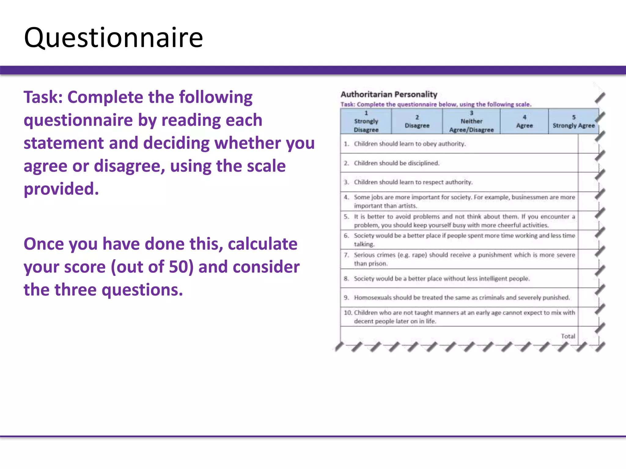 F Scale Questionnaire Example 07b authoritarian personality (part 1) | PPTX