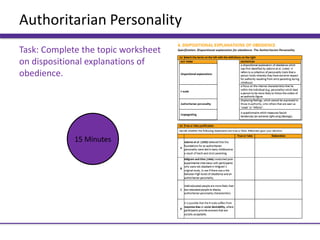 Authoritarian Personality
Task: Complete the topic worksheet
on dispositional explanations of
obedience.
15 Minutes
 