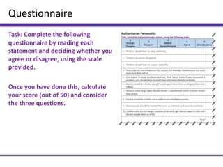 Questionnaire
Task: Complete the following
questionnaire by reading each
statement and deciding whether you
agree or disagree, using the scale
provided.
Once you have done this, calculate
your score (out of 50) and consider
the three questions.
 