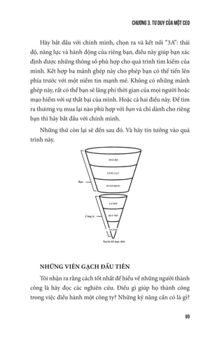 Chương 3. Tư duy của một CEO
69
Hãy bắt đầu với chính mình, chọn ra và kết nối “3A”: thái
độ, năng lực và hành động của riêng bạn, điều này giúp bạn xác
định được những thông số phù hợp cho quá trình tìm kiếm của
mình. Kết hợp ba mảnh ghép này cho phép bạn có thể tiến lên
phía trước với một niềm tin mạnh mẽ. Không có những mảnh
ghép này, rất có thể bạn sẽ lãng phí thời gian của mọi người hoặc
mạo hiểm với sự thất bại của mình. Hoặc cả hai điều này. Để tìm
ra thương vụ mua lại nào phù hợp với bạn và chỉ dành cho riêng
bạn thì hãy bắt đầu với chính mình.
Những thứ còn lại sẽ đến sau đó. Và hãy tin tưởng vào quá
trình này.
B n
THÁI Đ
CƠ H I
NĂNG L C
QUY MÔ
NGÀNH
HÀNH Đ NG
Công ty
Tuyên b m c tiêu
NHỮNG VIÊN GẠCH ĐẦU TIÊN
Tôi nhận ra rằng cách tốt nhất để hiểu về những người thành
công là hãy đọc các nghiên cứu. Điều gì giúp họ thành công
trong việc điều hành một công ty? Những kỹ năng cần có là gì?
 