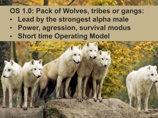 OS 1.0: Pack of Wolves, tribes or gangs:
• Lead by the strongest alpha male
• Power, agression, survival modus
• Short time Operating Model

 