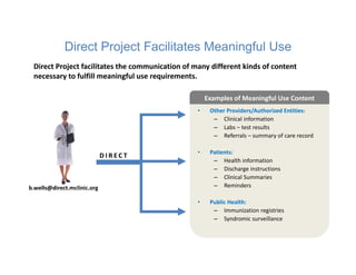 Direct Project Facilitates Meaningful Use
• Other Providers/Authorized Entities:
– Clinical information 
– Labs – test results
– Referrals – summary of care record
• Patients:
– Health information 
– Discharge instructions
– Clinical Summaries
– Reminders
• Public Health:
– Immunization registries
– Syndromic surveillance
b.wells@direct.mclinic.org 
Direct Project facilitates the communication of many different kinds of content 
necessary to fulfill meaningful use requirements.
Examples of Meaningful Use ContentExamples of Meaningful Use Content
D I R E C T
 