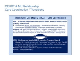 CEHRT & MU Relationship
Care Coordination / Transitions
Meaningful Use Stage 2 (MU2) – Care Coordination
CMS:  Medicare and Medicaid EHR Incentive Programs Stage 2
• Measure #2 : Provide an electronic ‘‘summary of care record for more than 10 
percent of such transitions and referrals” using one of the accepted transport 
mechanisms specified in the rule.
Reference: CMS Medicare and Medicaid Programs; Electronic Health Record Incentive 
Program – Stage 2 Final Rule 495.6
ONC:  Standards, Implementation Specifications & Certification Criteria 
(SI&CC) 2014 Edition
• Electronically receive and incorporate a transition of care/referral summary 
Electronically create and transmit a transition of care/referral summary
Reference: ONC Health Information Technology : Standards, Implementation Specifications, 
and Certification Criteria for Electronic Health Record Technology, 2014 Edition; Revisions to 
the Permanent Certification Program for Health Information Technology 170.314(b)(1)&(2)
 