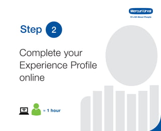 Step 2
Complete your
Experience Profile
online
≈ 1 hour
 