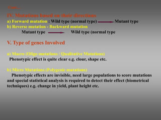 Cont…
IV. Mutations based on their directions
a) Forward mutation : Wild type (normal type) Mutant type
b) Reverse mutation - Backward mutation
Mutant type Wild type (normal type
V. Type of genes Involved
a) Macro (Oligo mutations / Qualitative Mutations)
Phenotypic effect is quite clear e.g. clour, shape etc.
b) Micro Mutations (Polygenic mutations)
Phenotypic effects are invisible, need large populations to score mutations
and special statistical analysis is required to detect their effect (biometrical
techniques) e.g. change in yield, plant height etc.
 