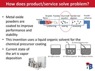 How does product/service solve problem?
• Metal oxide
powders are
coated to improve
performance and
stability
• This inven...