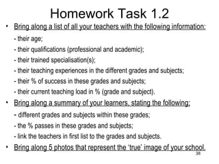 Homework Task 1.2 Bring along a list of all your teachers with the following information: - their age; - their qualifications (professional and academic);  - their trained specialisation(s); - their teaching experiences in the different grades and subjects; - their % of success in these grades and subjects; - their current teaching load in % (grade and subject). Bring along a summary of your learners, stating the following; -  different grades and subjects within these grades; - the % passes in these grades and subjects; - link the teachers in first list to the grades and subjects. Bring along 5 photos that represent the ‘true’ image of your school. 