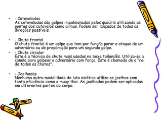- Cotoveladas As cotoveladas são golpes impulsionados pelos quadris utilizando as pontas dos cotovelos como armas. Podem ser lançados de todas as direções possíveis. - Chute frontal O chute frontal é um golpe que tem por função parar o ataque de um adversário ou de preparação para um segundo golpe.  - Chute circular Esta é a técnica de chute mais usadas no boxe tailandês. Utiliza-se a canela para golpear o adversário com força. Este é chamado de o "rei de todos os chutes". - Joelhadas Nenhuma outra modalidade de luta asiática utiliza os joelhos com tanta eficiência como o muay thai. As joelhadas podem ser aplicadas em diferentes partes do corpo. 