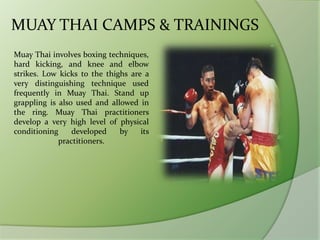 MUAY THAI CAMPS & TRAININGS
Muay Thai involves boxing techniques,
hard kicking, and knee and elbow
strikes. Low kicks to the thighs are a
very distinguishing technique used
frequently in Muay Thai. Stand up
grappling is also used and allowed in
the ring. Muay Thai practitioners
develop a very high level of physical
conditioning developed by its
practitioners.
 