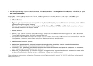 c. Map the key technology scope of Telecom, Network, and Management and Consulting businesses with respect to the ISO/OSI layers
with proper justifications.
Mapping Key Technology Scope of Telecom, Network, and Management and Consulting Businesses with respect to ISO/OSI Layers:
1. Telecom Business:
 Physical Layer: Telecom businesses are responsible for the physical infrastructure, such as cables, towers, and antennas, which enable the
transmission of signals over long distances.
 Data Link Layer: Telecom businesses implement protocols like Ethernet, DSL, or SONET to establish reliable connections and ensure
error-free data transfer over the physical network.
2. Network Business:
 Network Layer: Network businesses manage the routing of data packets across different networks using protocols such as IP (Internet
Protocol) and implement routing algorithms to optimize data flow.
 Transport Layer: Network businesses provide transport services, including protocols like TCP (Transmission Control Protocol) and UDP
(User Datagram Protocol), to ensure reliable and efficient data delivery between network entities.
3. Management and Consulting Business:
 Session Layer: Management and consulting businesses may provide session management services, which involve establishing,
maintaining, and terminating communication sessions between different entities.
 Presentation Layer: Management and consulting businesses may handle data formatting, encryption, and compression for efficient and
secure data exchange between different systems or networks.
 Application Layer: Management and consulting businesses develop and manage application-level services and protocols, such as email
services, web applications, or database services, which interact with end-users or other systems.
These mappings are just examples, as the scope of businesses can overlap across multiple layers of the ISO/OSI model based on their specific
offerings and services.
 