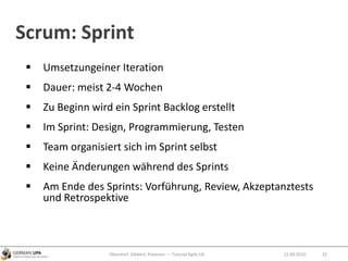 Scrum: Sprint
 Umsetzungeiner Iteration
 Dauer: meist 2-4 Wochen
 Zu Beginn wird ein Sprint Backlog erstellt
 Im Sprint: Design, Programmierung, Testen
 Team organisiert sich im Sprint selbst
 Keine Änderungen während des Sprints
 Am Ende des Sprints: Vorführung, Review, Akzeptanztests
und Retrospektive
12.09.2010Obendorf, Gibbert, Petersen — Tutorial Agile UX 22
 