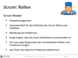 Scrum: Rollen
Scrum Master
 Projektmanagement
 Verantwortlich für das Einhalten der Scrum-Werte und
Praktiken
 Behebung von Problemen
 Sorge tragen, dass das Team funktioniert und produktiv ist
 Für eine enge Kooperation der verschiedenen Rollen und
Funktionen sorgen
 Das Team von externen Problemen abschirmen
12.09.2010Obendorf, Gibbert, Petersen — Tutorial Agile UX 24
 