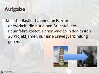 Aufgabe
Dänische Bastler haben eine Rakete
entwickelt, die nur einen Bruchteil der
Raumfähre kostet. Daher wird es in den ersten
20 Projektjahren nur eine Einwegverbindung
geben.
12.09.2010
Obendorf, Gibbert, Petersen — Tutorial Agile UX
40
 