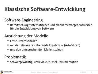 Klassische Software-Entwicklung
Software-Engineering
 Bereitstellung systematischer und planbarer Vorgehensweisen
für die Entwicklung von Software
Ausrichtung der Modelle
 Feste Prozessphasen
 mit den daraus resultierende Ergebnisse (Artefakten)
 und den entsprechenden Meilensteinen
Problematik
 Schwergewichtig, unflexible, zu viel Dokumentation
Obendorf, Gibbert, Petersen — Tutorial Agile UX 612.09.2010
 
