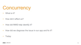 13JUNE 2014
Concurrency
• What is it?
• How did it affect us?
• How did MMS help identify it?
• How did we diagnose the issue in our app and fix it?
• Today
 
