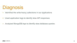 18JUNE 2014
Diagnosis
• Identified the write-heavy collections in our applications
• Used application logs to identify slow API responses
• Analyzed MongoDB logs to identify slow database queries
 
