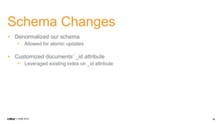 20JUNE 2014
Schema Changes
• Denormalized our schema
• Allowed for atomic updates
• Customized documents’ _id attribute
• Leveraged existing index on _id attribute
 