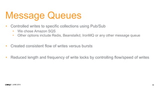 22JUNE 2014
Message Queues
• Controlled writes to specific collections using Pub/Sub
• We chose Amazon SQS
• Other options include Redis, Beanstalkd, IronMQ or any other message queue
• Created consistent flow of writes versus bursts
• Reduced length and frequency of write locks by controlling flow/speed of writes
 