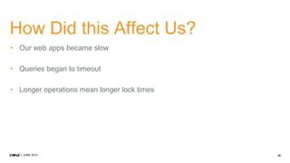 29JUNE 2014
How Did this Affect Us?
• Our web apps became slow
• Queries began to timeout
• Longer operations mean longer lock times
 