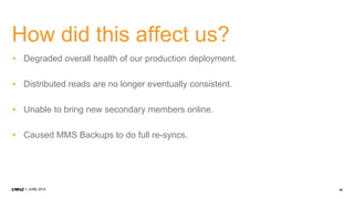43JUNE 2014
How did this affect us?
• Degraded overall health of our production deployment.
• Distributed reads are no longer eventually consistent.
• Unable to bring new secondary members online.
• Caused MMS Backups to do full re-syncs.
 