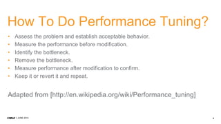 9JUNE 2014
How To Do Performance Tuning?
• Assess the problem and establish acceptable behavior.
• Measure the performance before modification.
• Identify the bottleneck.
• Remove the bottleneck.
• Measure performance after modification to confirm.
• Keep it or revert it and repeat.
Adapted from [http://en.wikipedia.org/wiki/Performance_tuning]
 