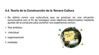 • Se de
fi
ne como una subcultura que se produce en una situación
comunicativa con el
fi
n de conseguir unos objetivos determinados mediante
ajustes de la conducta para construir una experiencia común.
• Tres ámbitos:
individual
organizacional
mediado.
3.4. Teoría de la Construcción de la Tercera Cultura
 